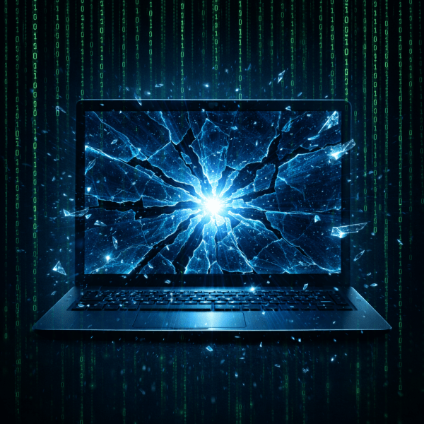 Blue glowing shield cracking and shattering with binary code background