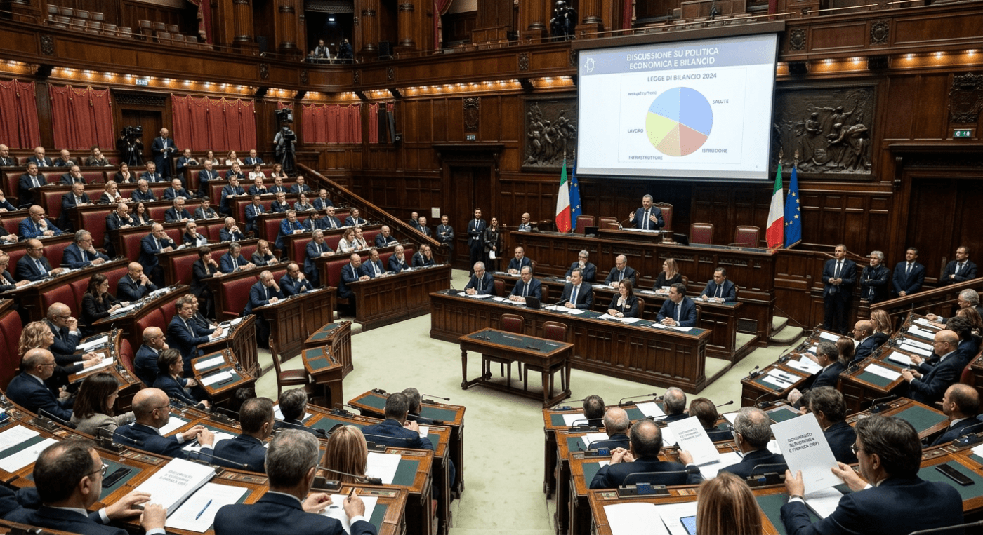 Italian Parliament chamber with members attending economic policy discussion and budget presentation