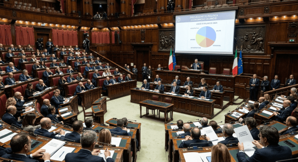 Italian Parliament chamber with members attending economic policy discussion and budget presentation