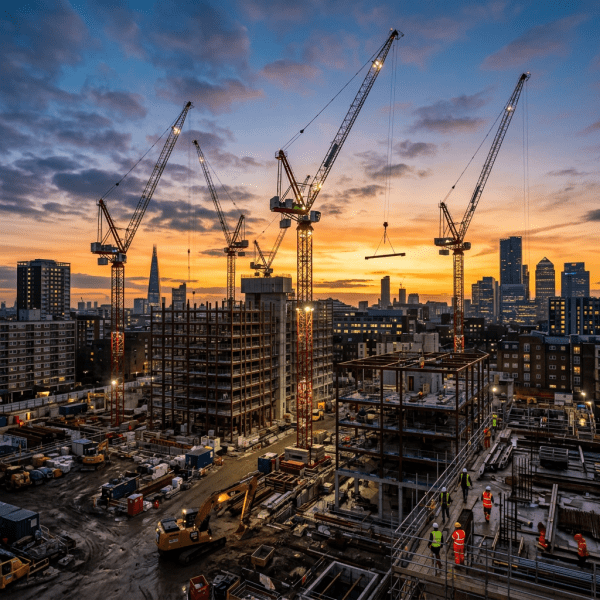 Construction site with cranes and workers at sunset in a city skyline