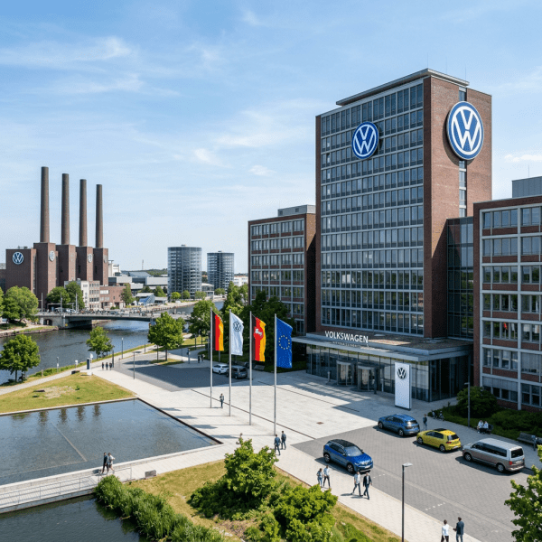 Volkswagen headquarters building with logos, flags, and factory chimneys
